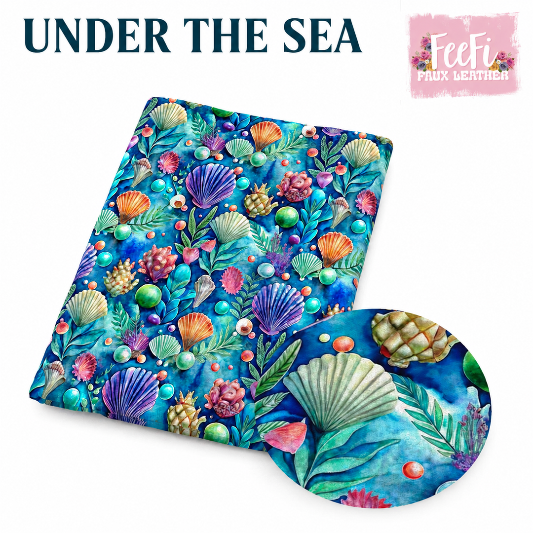 Ocean Under the Sea Seashells Printed Faux Leather Sheet FeeFiFauxLeather