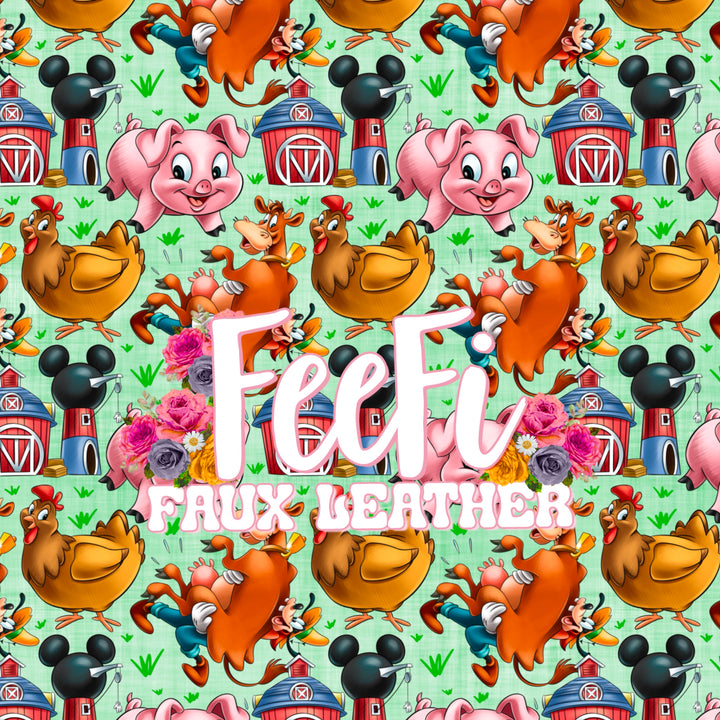 Mouse Farm Animals Printed Faux Leather Sheet Litchi has a pebble like feel with bright colors