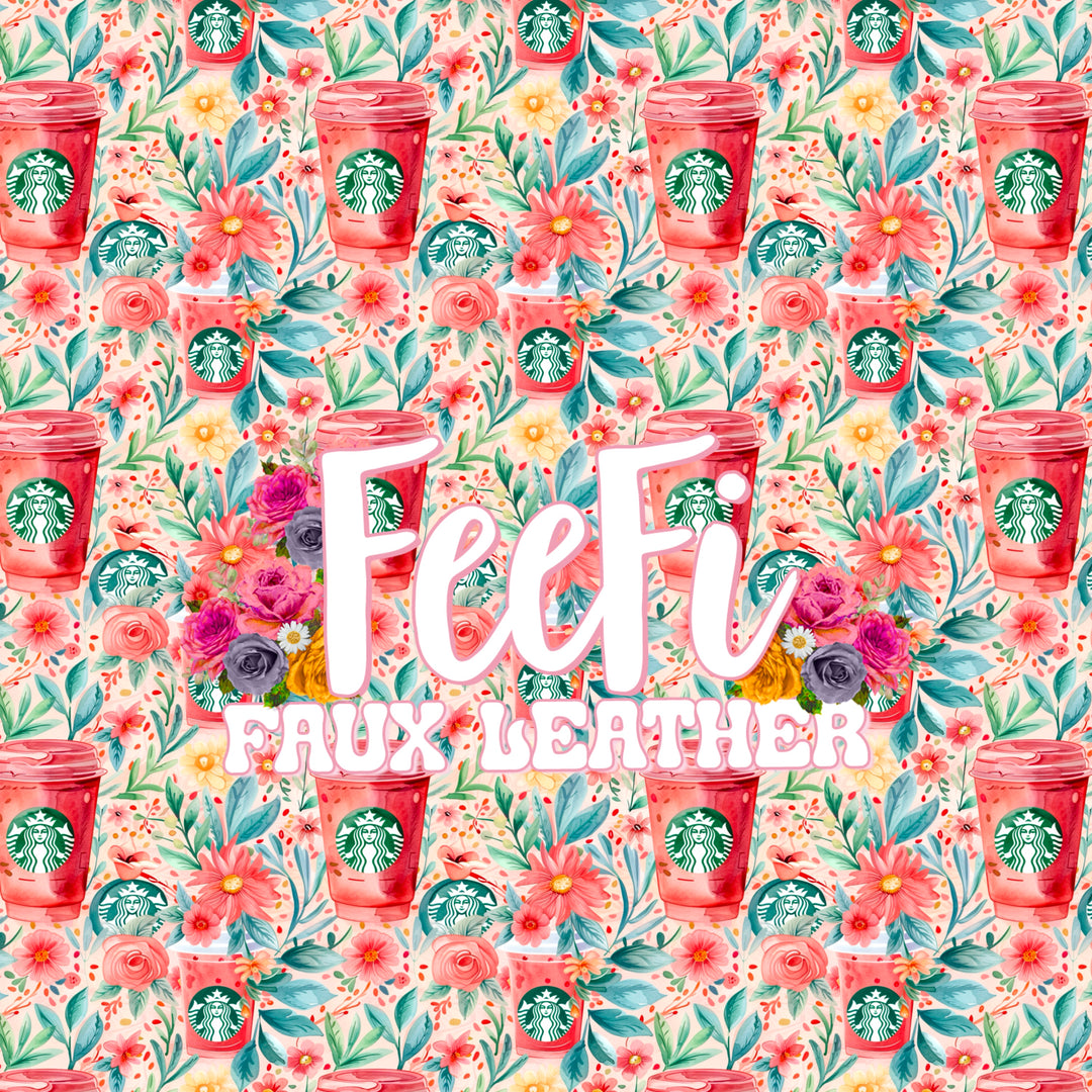 Coffee Floral Printed Faux Leather Sheet Litchi has a pebble like feel with bright colors