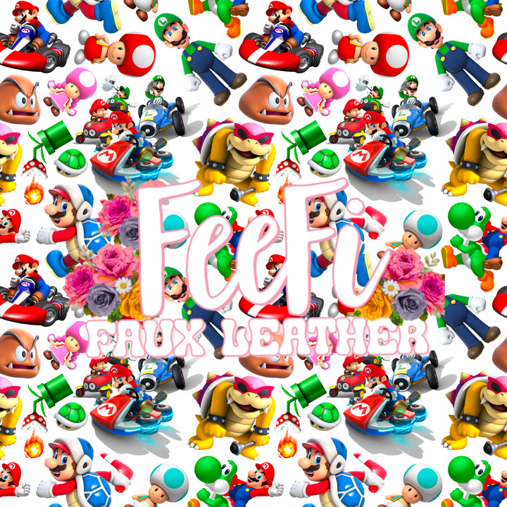 Mario Cart Super Mario Printed Faux Leather Sheet Litchi has a pebble like feel with bright colors