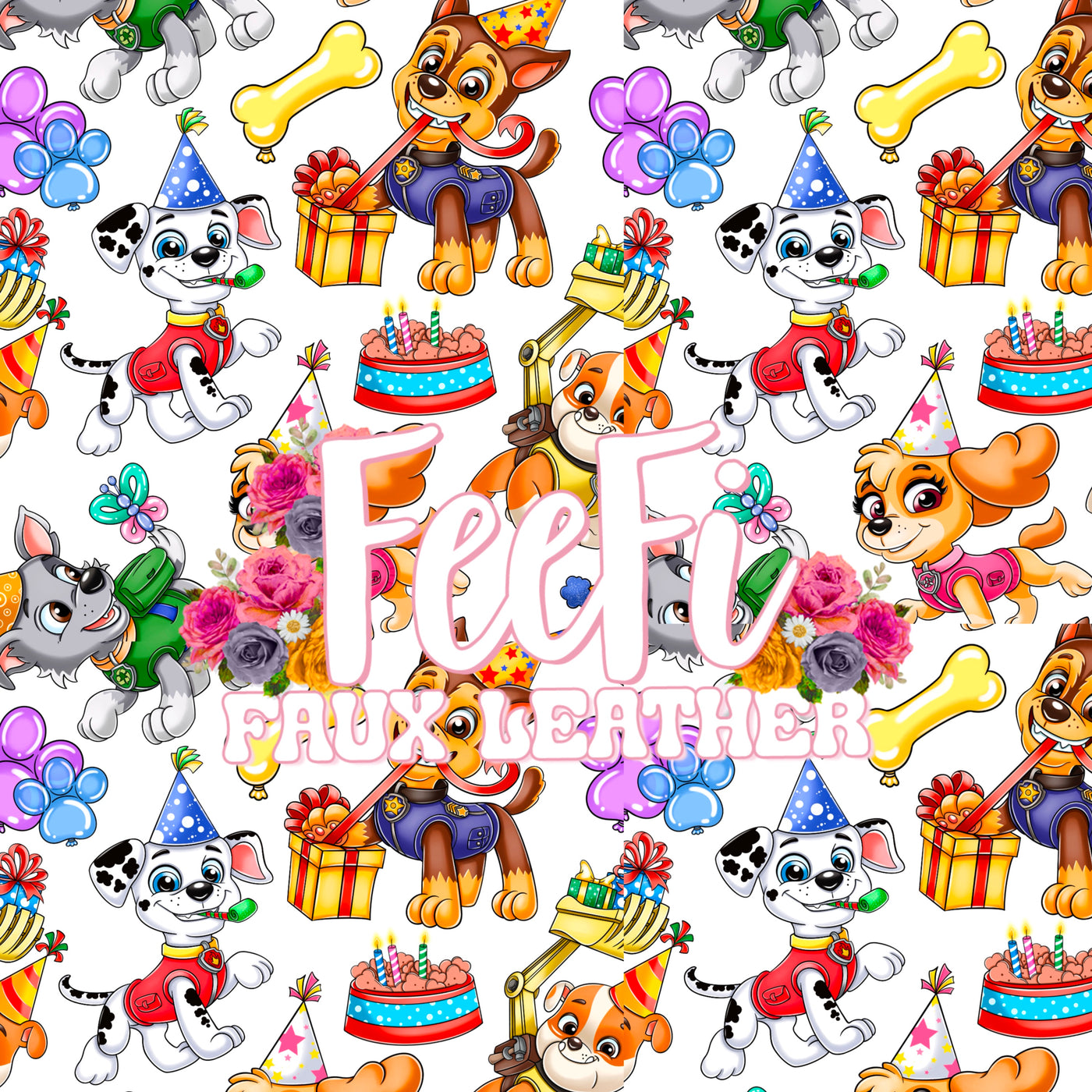 Paw Patrol Birthday Party Printed Faux Leather Sheet Litchi has a pebble like feel with bright colors