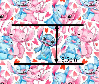 Lilo and Stitch Hearts Printed Faux Leather Sheet Litchi has a pebble like feel with bright colors