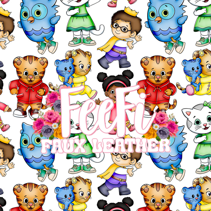 Daniel Tiger Printed Faux Leather Sheet Litchi has a pebble like feel with bright colors