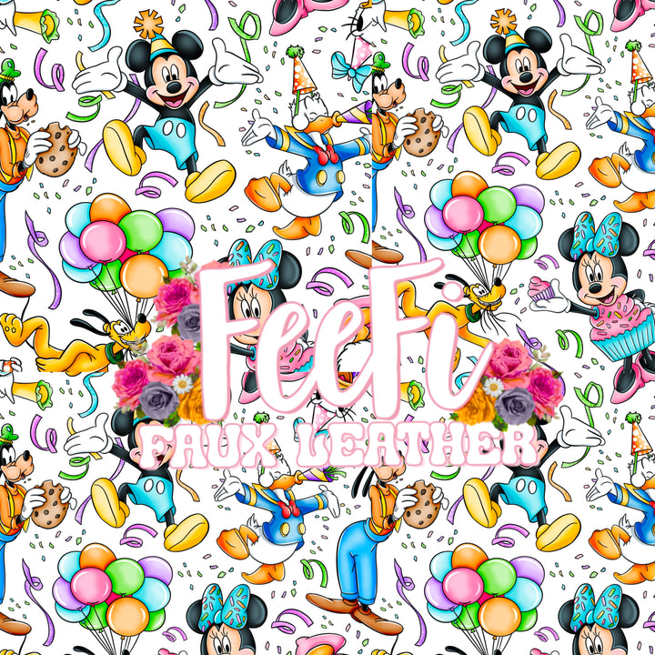 Mouse Birthday Party Printed Faux Leather Sheet Litchi has a pebble like feel with bright colors