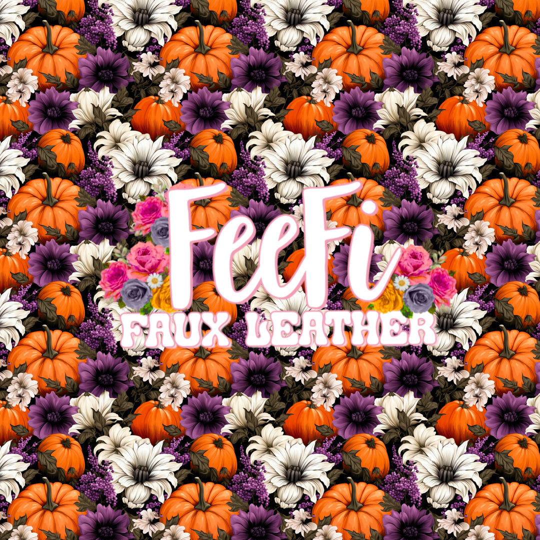 Fall Flowers Floral Printed Faux Leather Sheet Litchi has a pebble like feel with bright colors