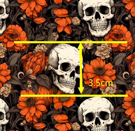 Skull Flowers Printed Faux Leather Sheet Litchi has a pebble like feel with bright colors