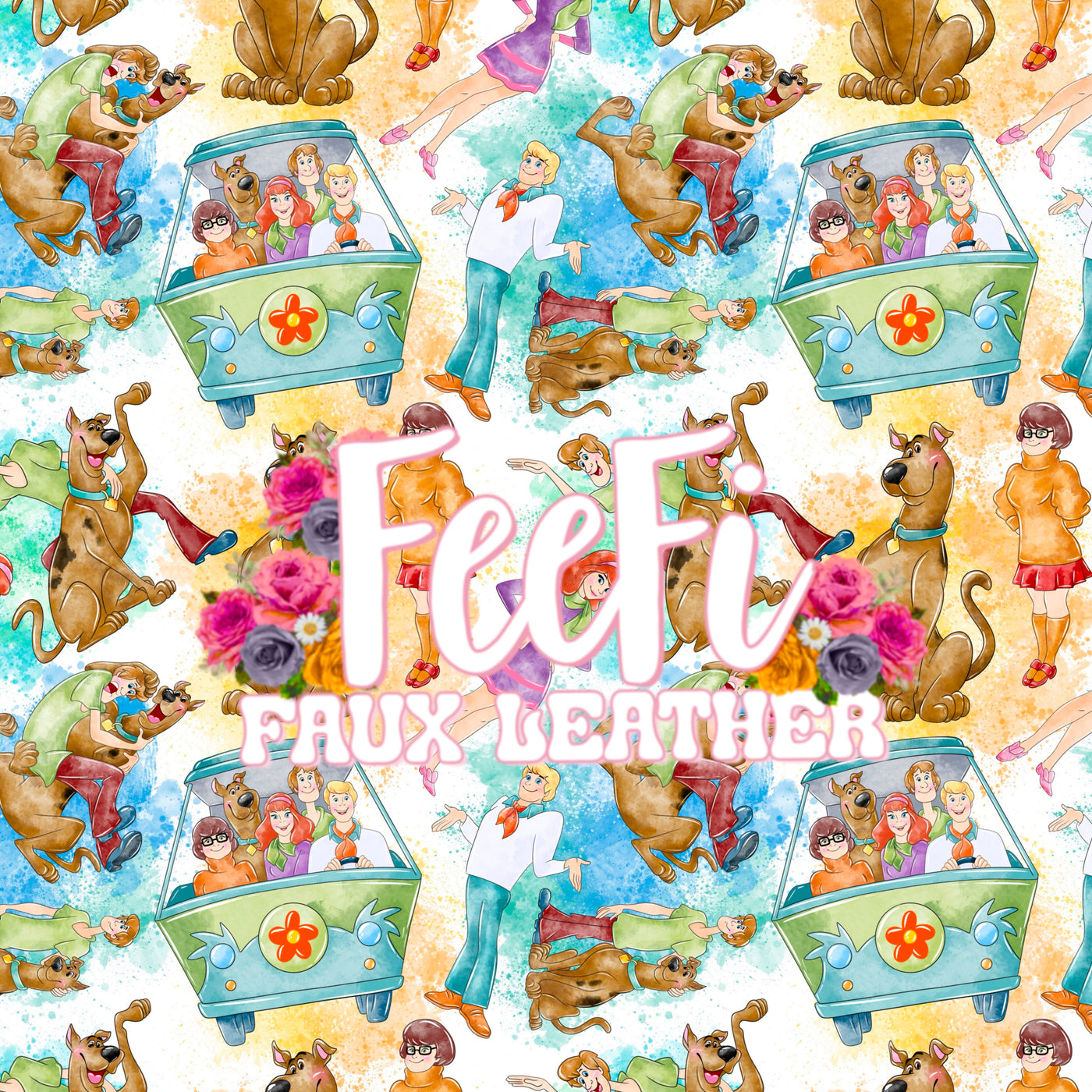 Scooby Doo and Friends Printed Faux Leather Sheet Litchi has a pebble like feel with bright colors