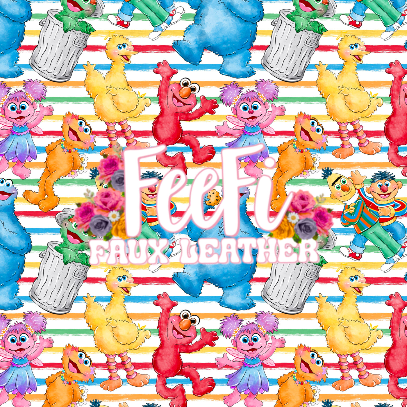 Sesame Street Printed Faux Leather Sheet Litchi has a pebble like feel with bright colors