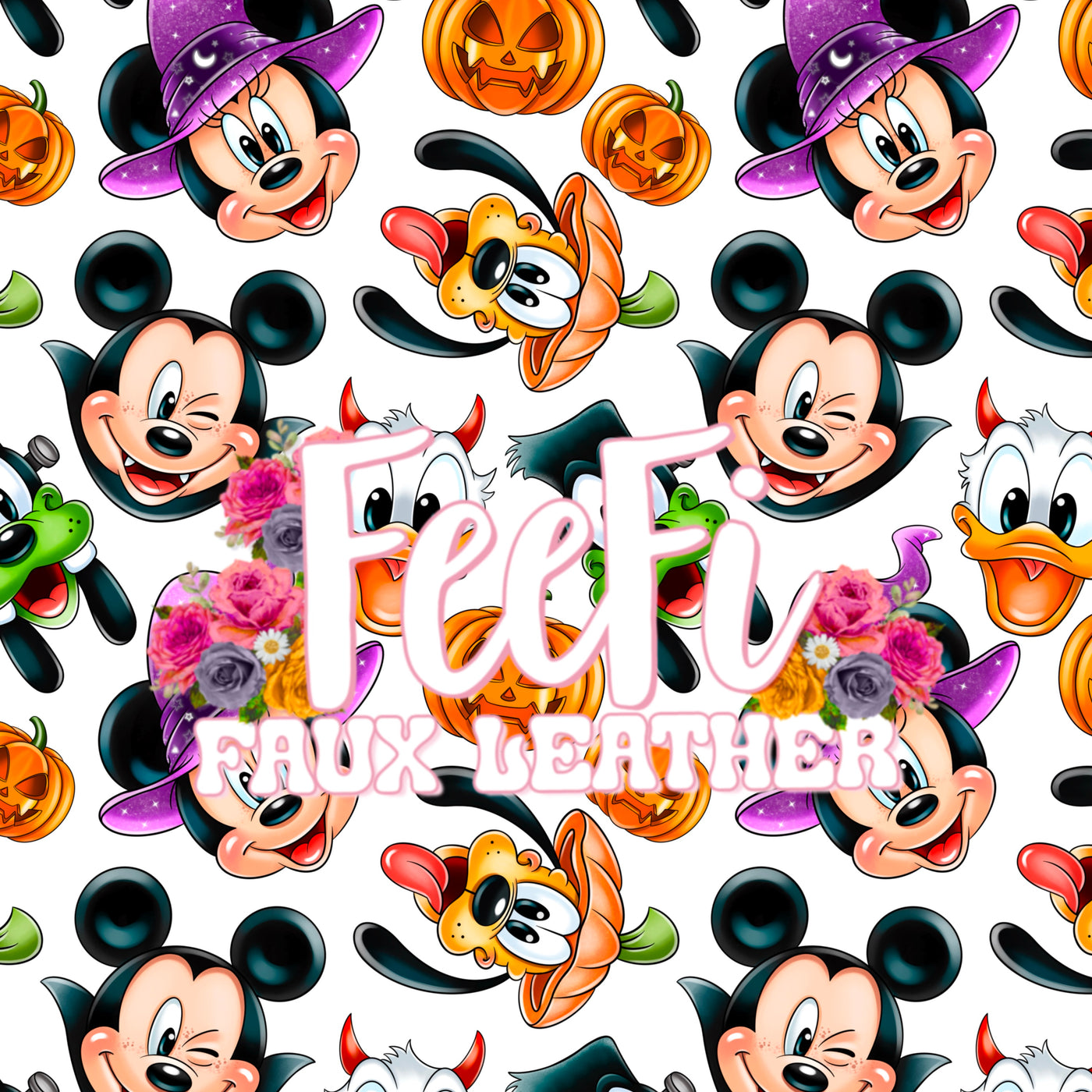 Halloween Friends Printed Faux Leather Sheet Litchi has a pebble like feel with bright colors