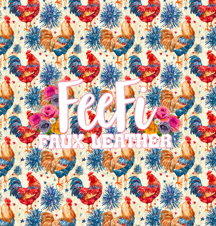 Chicken Red White and Blue Smooth Printed Faux Leather Sheet
