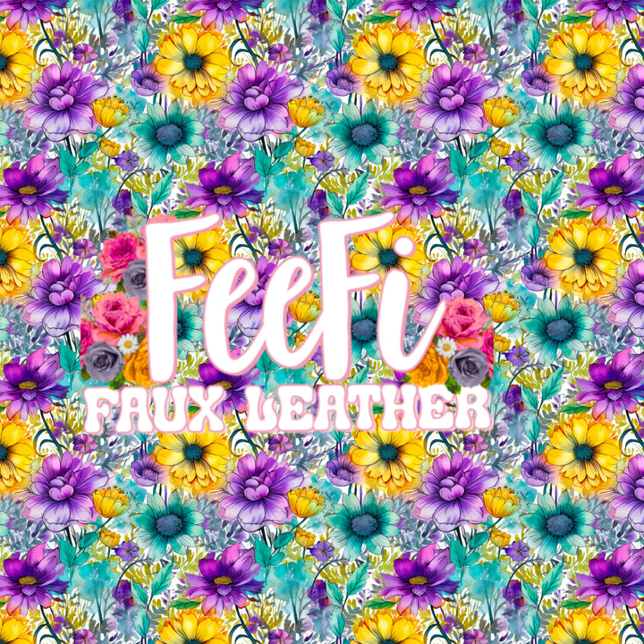 Flowers Purple, Green and Gold Printed Smooth Faux Leather Sheet FeeFiFauxLeather