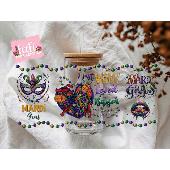 Mardi Gras UV DTF Cup Wrap – Carnival Cup Wrap Design for Tumblers & Cups FeeFiFauxLeather