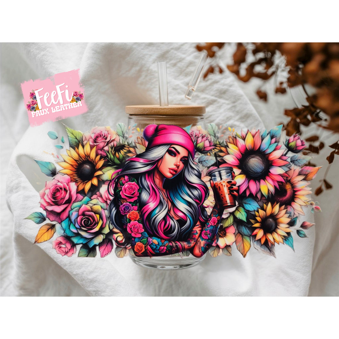 Girl Sunflower UV DTF Cup Wrap – Easy Cup Wrap for Tumblers & Projects FeeFiFauxLeather