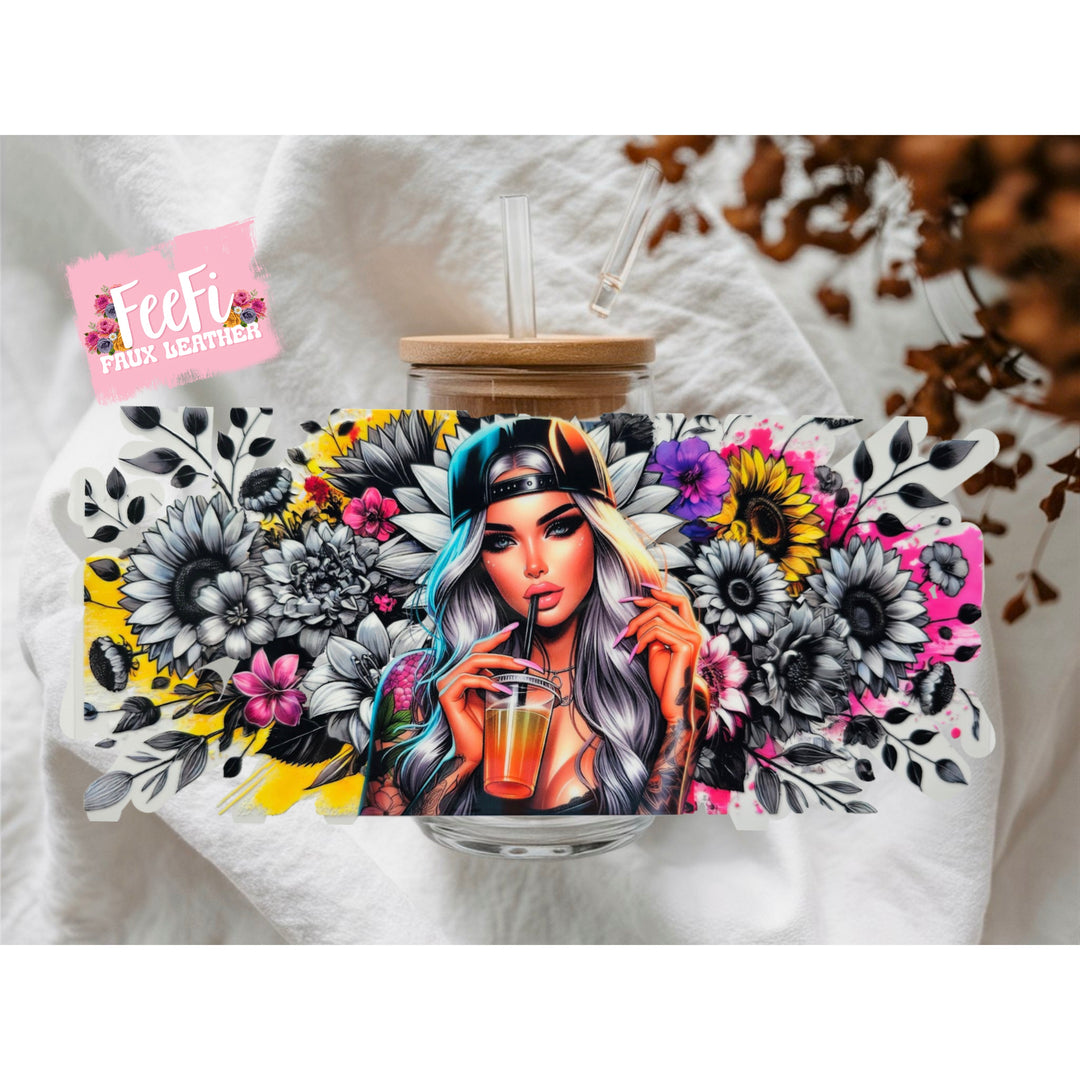 Girl Sunflower UV DTF Cup Wrap – Easy Cup Wrap for Tumblers & Projects FeeFiFauxLeather