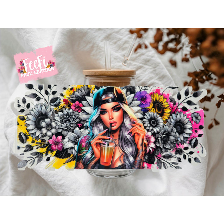 Girl Sunflower UV DTF Cup Wrap – Easy Cup Wrap for Tumblers & Projects FeeFiFauxLeather