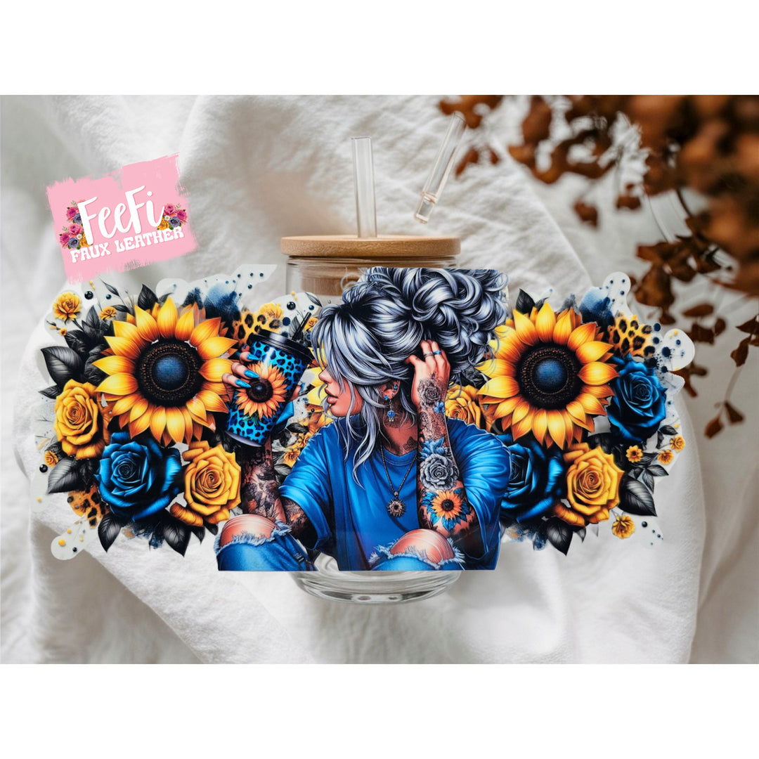 Girl Sunflower UV DTF Cup Wrap – Easy Cup Wrap for Tumblers & Projects FeeFiFauxLeather