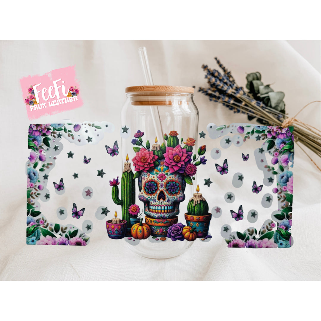Skull, Flowers, and Bytterflies UV DTF Cup Wrap – Easy Cup Wrap for Tumblers & Projects FeeFiFauxLeather