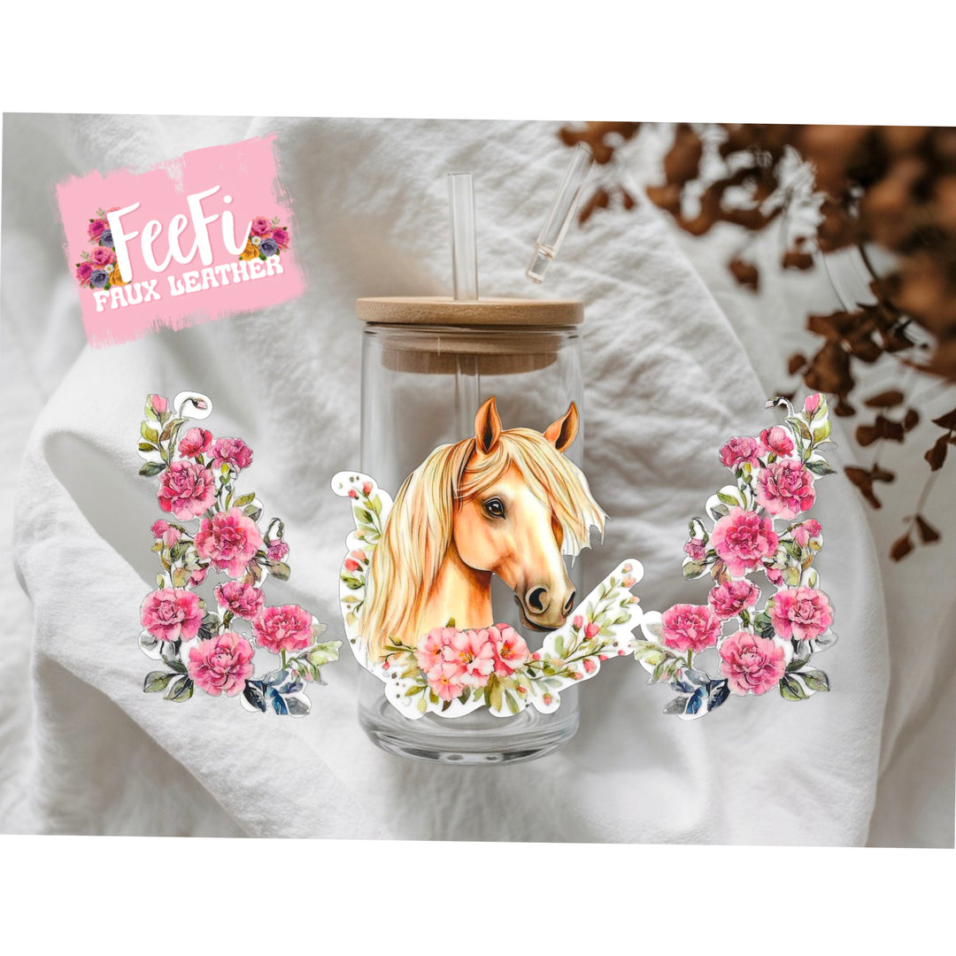 Horse Floral UV DTF Cup Wrap – Decorative Wrap for DIY Drinkware Projects FeeFiFauxLeather
