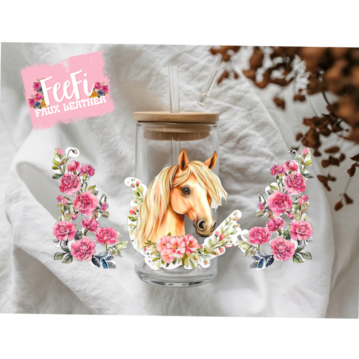 Horse Floral UV DTF Cup Wrap – Decorative Wrap for DIY Drinkware Projects FeeFiFauxLeather