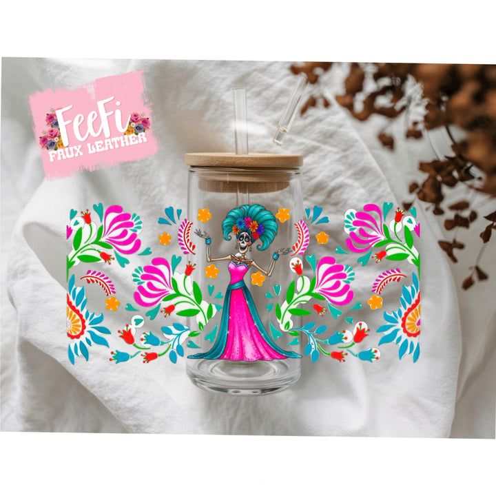 Pink Fiesta Catrina UV DTF Cup Wrap – Easy Cup Wrap for Tumblers & Projects FeeFiFauxLeather