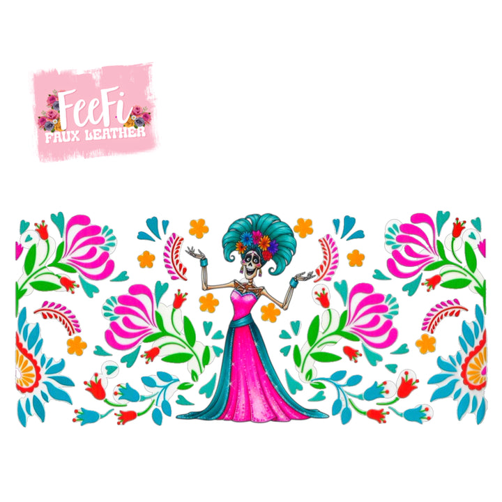 Pink Fiesta Catrina UV DTF Cup Wrap – Easy Cup Wrap for Tumblers & Projects FeeFiFauxLeather
