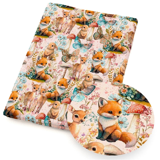 Forest Friends Fox Rabbit Butterfly Printed Faux Leather Sheet FeeFiFauxLeather