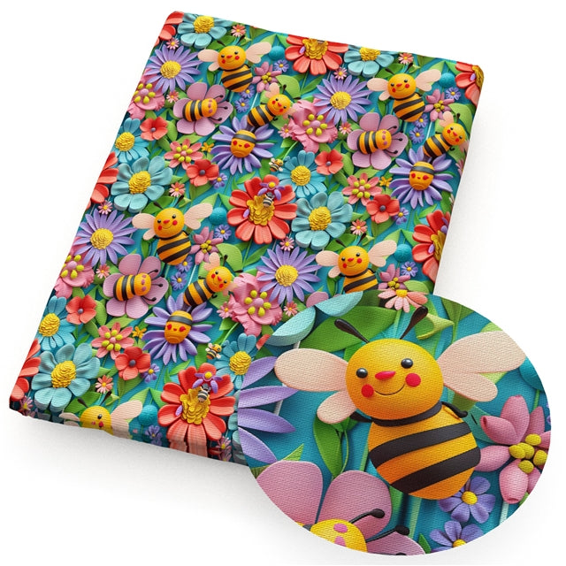 Bumble Bees & Flowers Printed Faux Leather Sheet FeeFiFauxLeather