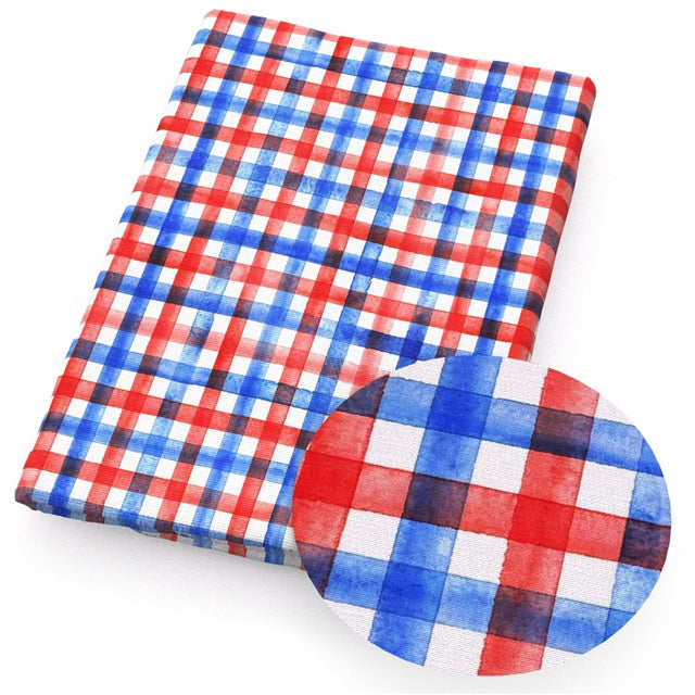 Red White & Blue Plaid Printed Faux Leather Sheet FeeFiFauxLeather