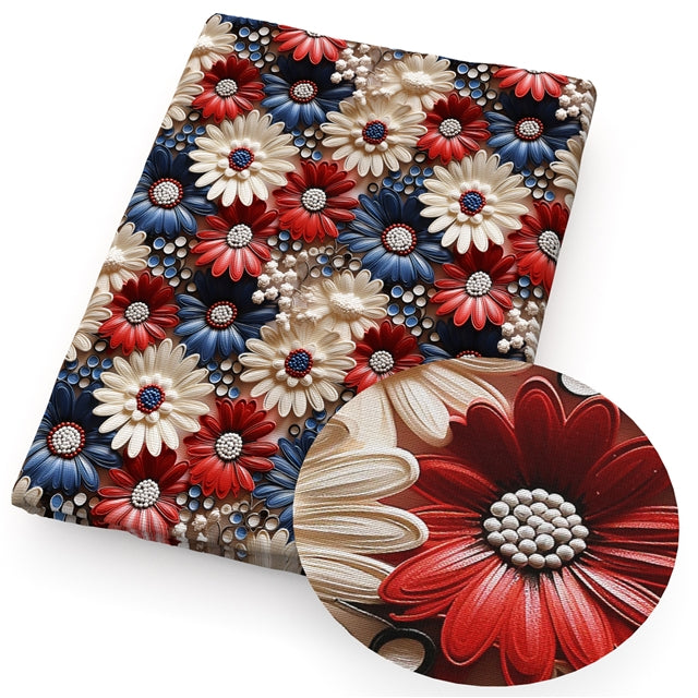 Red White and Blue July 4th Flowers Printed Faux Leather Sheet FeeFiFauxLeather