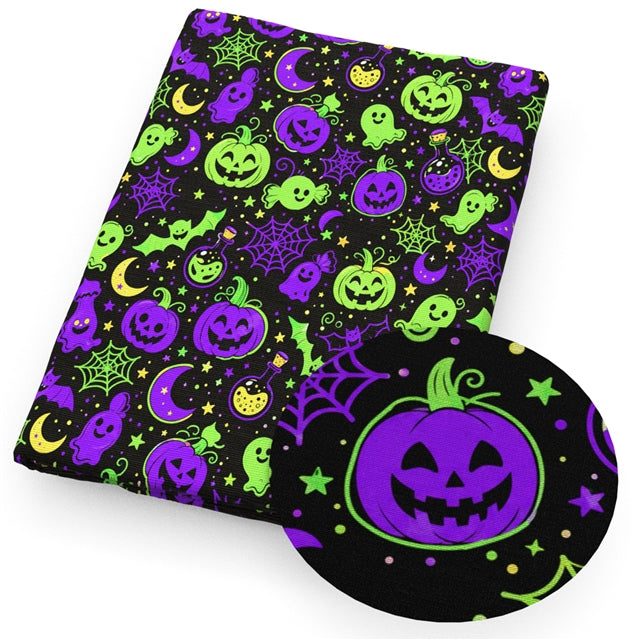 Halloween Neon Pumpkins Printed Faux Leather Sheet FeeFiFauxLeather