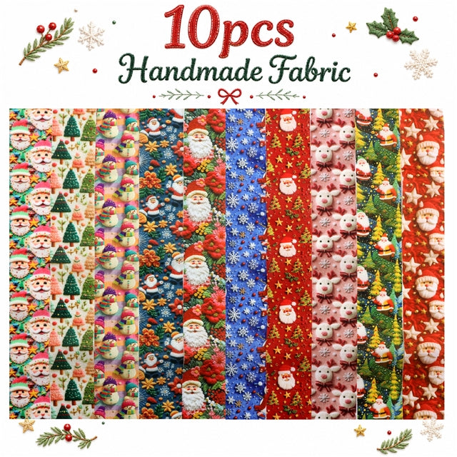 Christmas Embroidery Polyester Cotton Fabric Strips – 10-Piece Set FeeFiFauxLeather