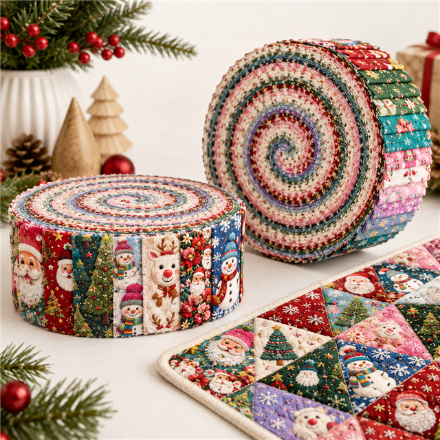 Christmas Embroidery Polyester Cotton Fabric Strips – 10-Piece Set FeeFiFauxLeather