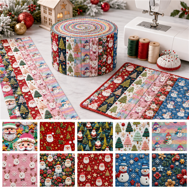 Christmas Embroidery Polyester Cotton Fabric Strips – 10-Piece Set FeeFiFauxLeather