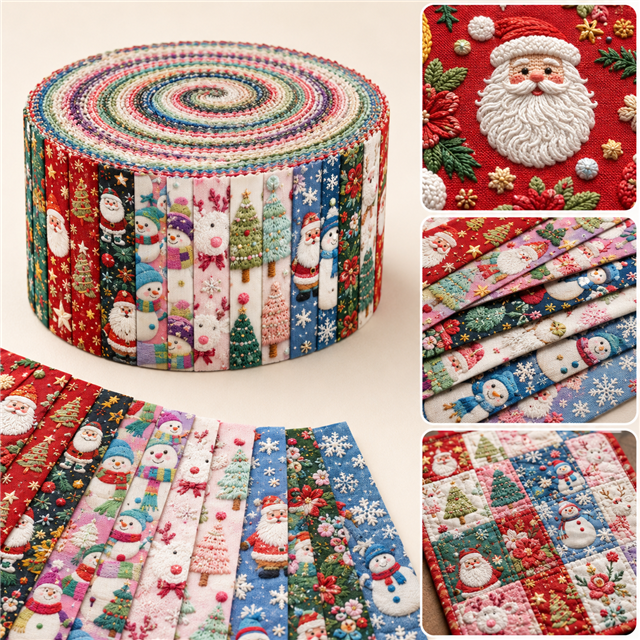 Christmas Embroidery Polyester Cotton Fabric Strips – 10-Piece Set FeeFiFauxLeather