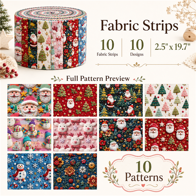 Christmas Embroidery Polyester Cotton Fabric Strips – 10-Piece Set FeeFiFauxLeather