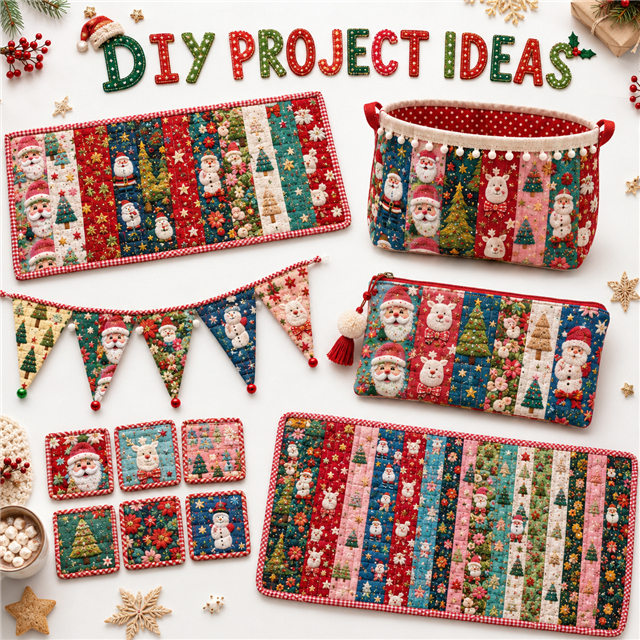 Christmas Embroidery Polyester Cotton Fabric Strips – 10-Piece Set FeeFiFauxLeather