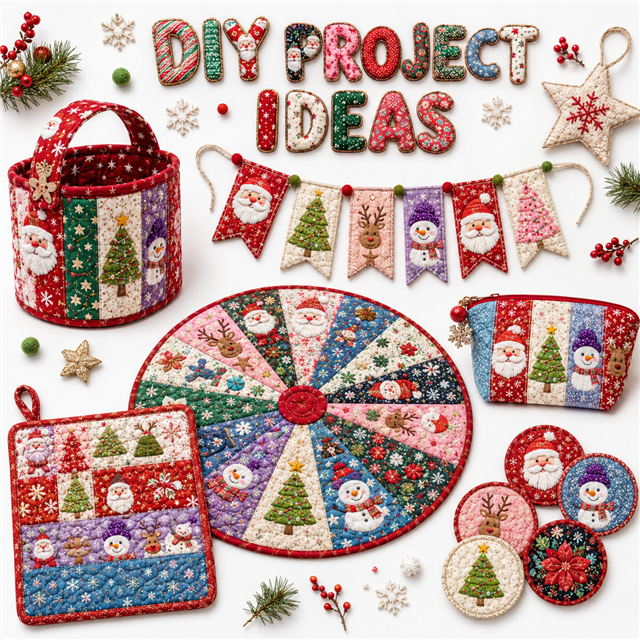 Christmas Embroidery Polyester Cotton Fabric Strips – 10-Piece Set FeeFiFauxLeather