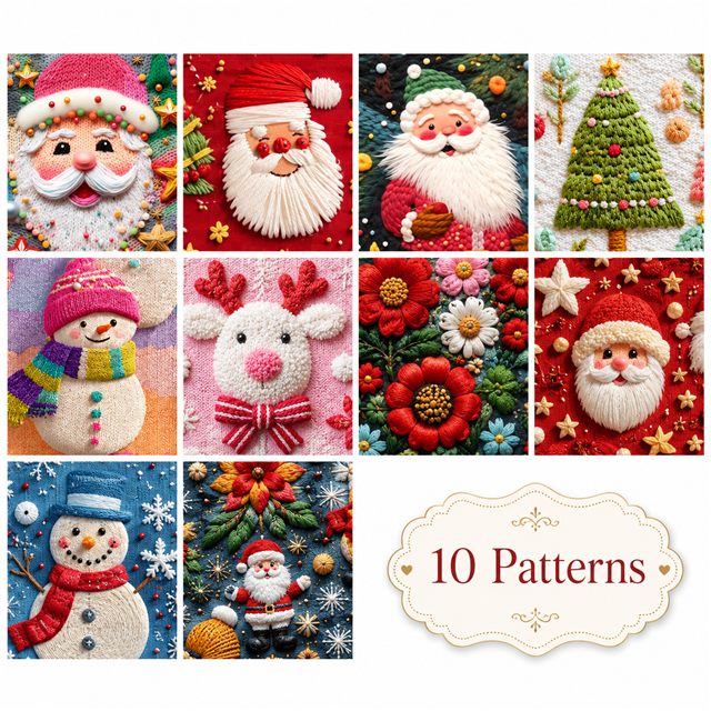 Christmas Embroidery Polyester Cotton Fabric Strips – 10-Piece Set FeeFiFauxLeather