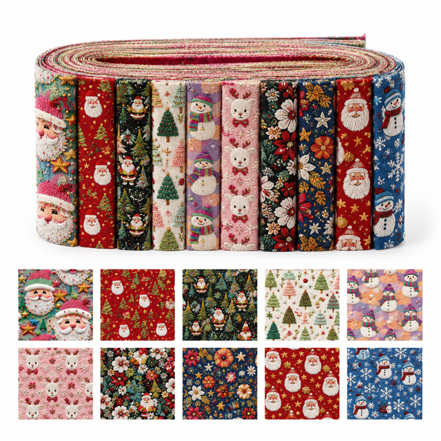 Christmas Embroidery Polyester Cotton Fabric Strips – 10-Piece Set FeeFiFauxLeather