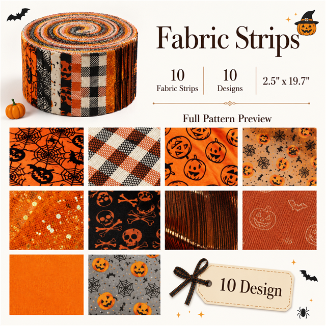 Halloween Polyester Cotton Fabric Strips – 10-Piece Set Jelly Roll FeeFiFauxLeather