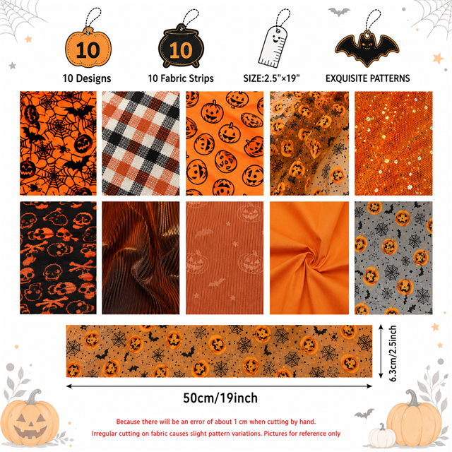 Halloween Polyester Cotton Fabric Strips – 10-Piece Set Jelly Roll FeeFiFauxLeather