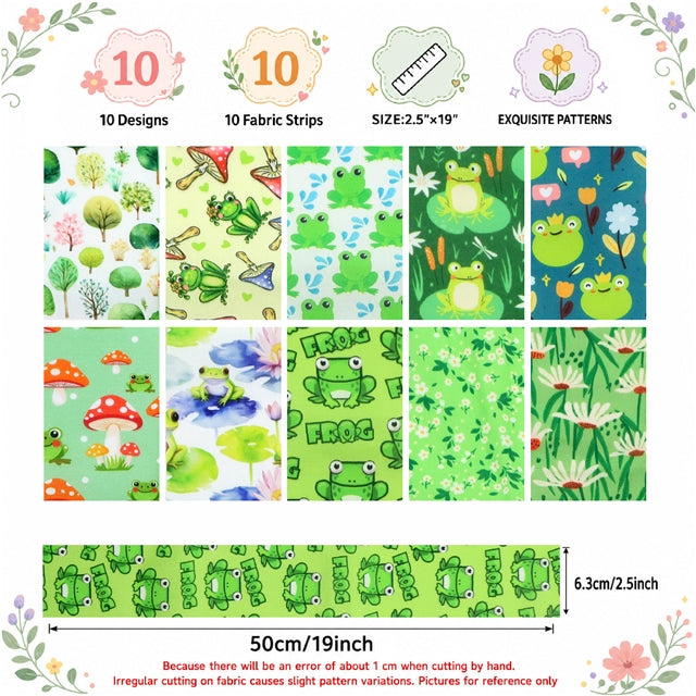 Frogs Polyester Cotton Fabric Strips – 10-Piece Set Jelly Roll FeeFiFauxLeather