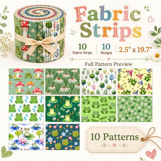 Frogs Polyester Cotton Fabric Strips – 10-Piece Set Jelly Roll FeeFiFauxLeather