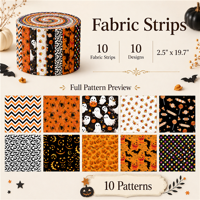 Halloween Polyester Cotton Fabric Strips – 10-Piece Set Jelly Roll FeeFiFauxLeather