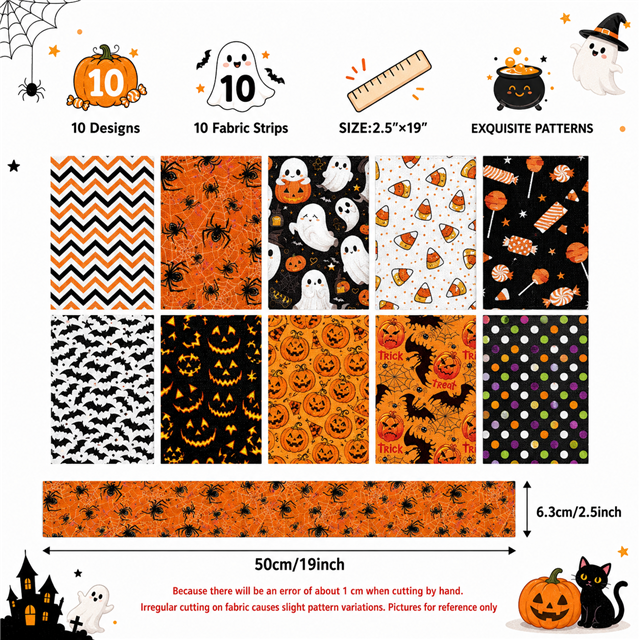 Halloween Polyester Cotton Fabric Strips – 10-Piece Set Jelly Roll FeeFiFauxLeather