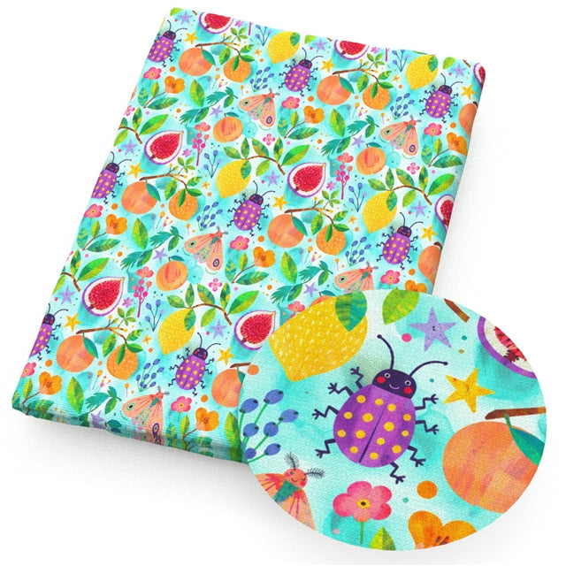 Tropical Fruit & Bug Garden 🍋🪲🌸 Printed Faux Leather Sheet FeeFiFauxLeather