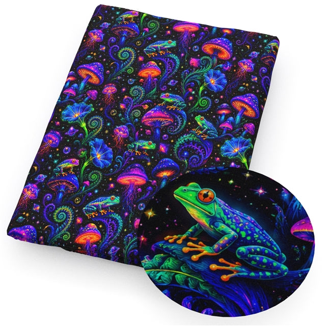 Colorful Mushroom Frogs Forest Printed Faux Leather Sheet FeeFiFauxLeather