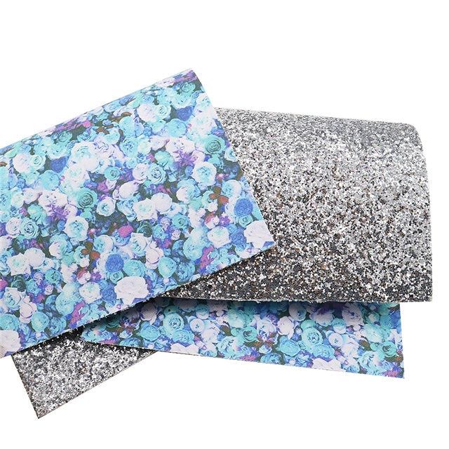 Blue Roses Glitter Double Sided Faux Leather Sheet FeeFiFauxLeather
