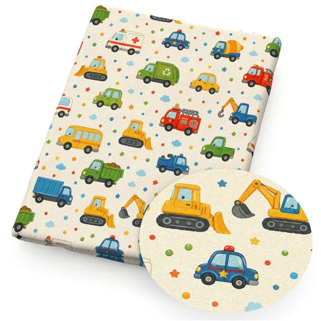 Trucks Cars Excavator Bulldozer Boy Printed Faux Leather Sheet FeeFiFauxLeather
