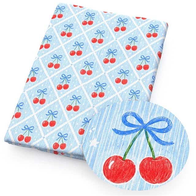 Cherry Red Blue Printed Faux Leather Sheet FeeFiFauxLeather
